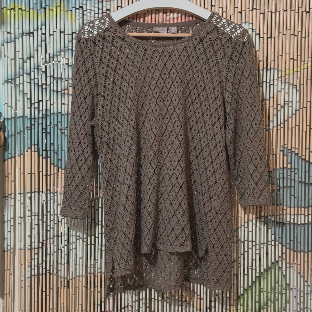 CHICOS Open Lace Mesh Knit 3/4 Sleeve Pullover Top, Taupe Brown, Size 2